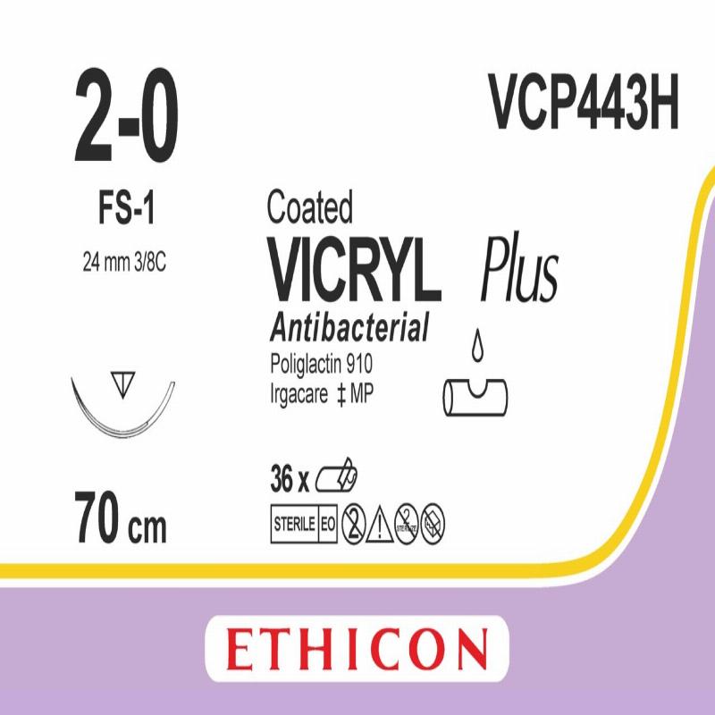 VICRYL PLUS непофарбований 70см M3 USP2/0 одна голка FS-1, тип зворотньо-ріжуча Reverse Cutting, 24мм, 3/8 кола